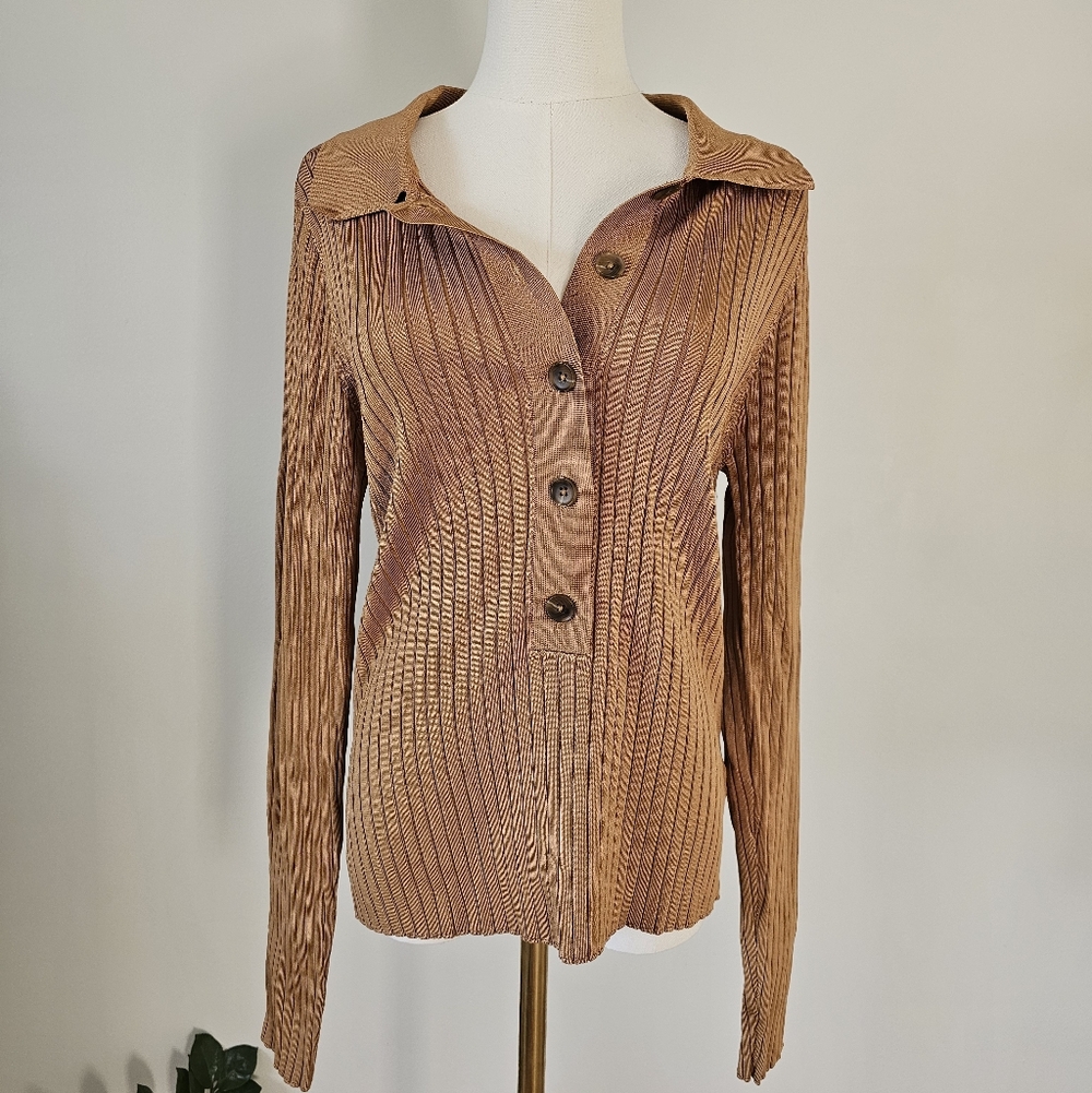 NWT Good American 5/6 Ribbed Button-Up Long Sleeve Top